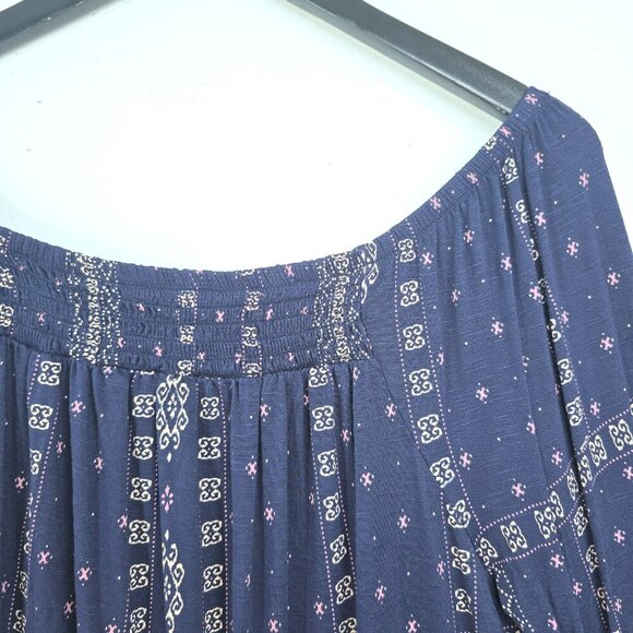 Maurices Navy Blue Tan Aztec Print Off Shoulder Slinky Relaxed Fit Tunic Top - Picture 3 of 6